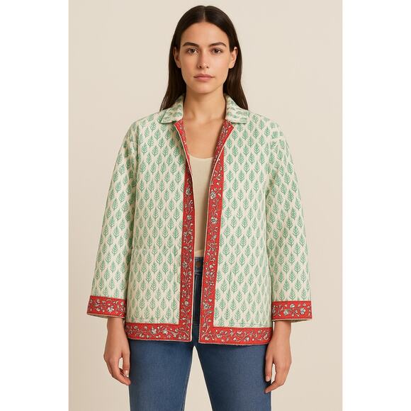 SZ Blockprints Jackets & Blazers - SZ Blockprints Cotton Jacket Green Leaf Red Floral Trim Hand Block Womans OS